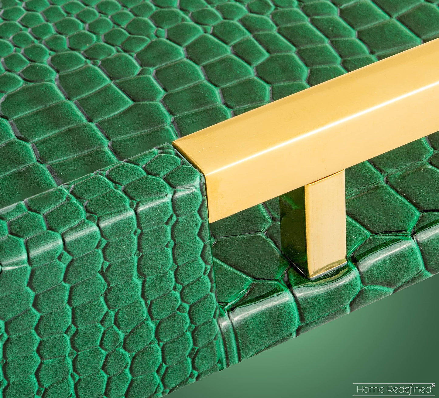 Luxury Modern Elegant 17.5"x12" Rectangle Crocodile Green Faux Leather Decorative Tray Ottoman Coffee Table Living Room Decor Kitchen Serving Tray with Gold Polished Metal Handles by Home Redefined