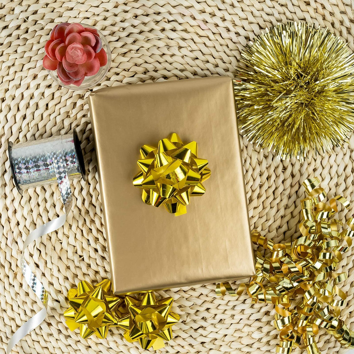 WRAPAHOLIC 40 Pcs Gift Bows Assortment - 28 Assorted Size Gift Bows(Gold&Silver&White), 1 Pull Bow, 2 Tinsel Bows, 2 Fountain Bows, 2 Curly Bows, 4 Curling Ribbons, 1 Cotton Twine
