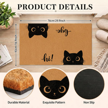 2 Pcs Funny Cat Front Door Mat and Wreath Set Cute Black Cat Faux Coir Doormat and 19" Artificial Greenery Wreath with Plaid Bow Welcome Outside Decor for Porch Entryway