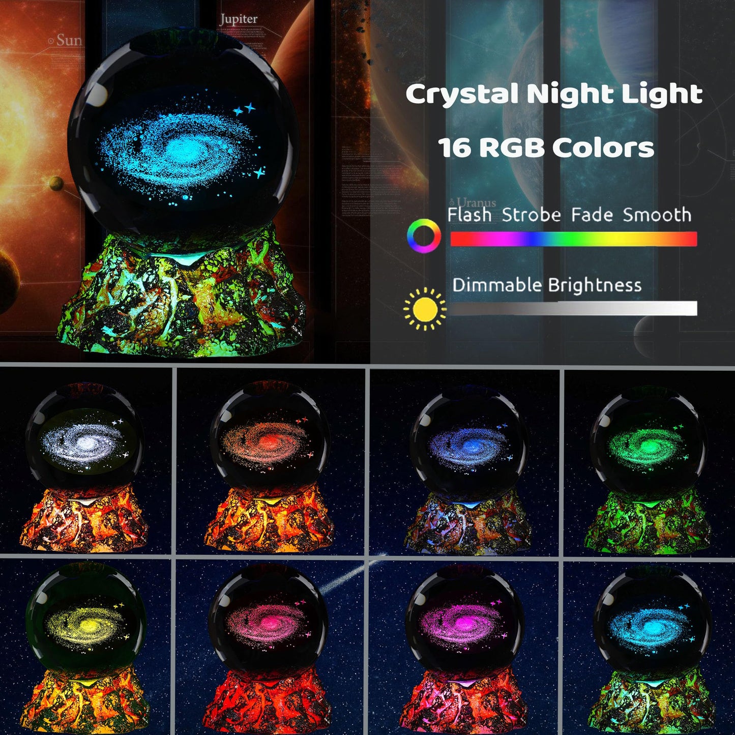 Colortown Galaxy Crystal Night Light, 3.15 Inch (80mm) K9 Crystal, Upgraded Volcanic Lava Base 3D Lamp with Remote, 16 Colors Cosmic Orbs, Space Gifts for Holiday Birthday Xmas