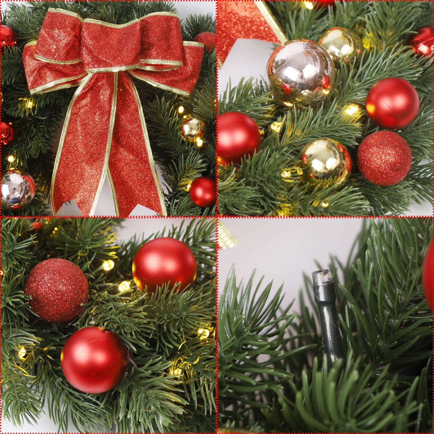 Lulu Home 16 Inch Pre-lit Christmas Wreath with Hook, Battery Operated Christmas Wreath Decorative Christmas Balls Hanging Ornament, Artificial Door Wreath 40 Clear LED Lights