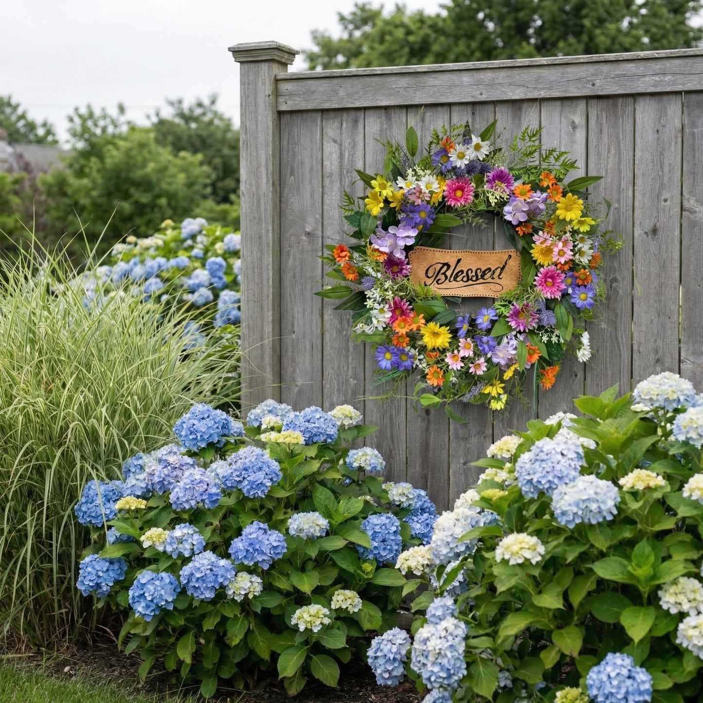 Lnymura 22 Inch Spring Summer Blessed Wildflower Wreath for Front Door Wall