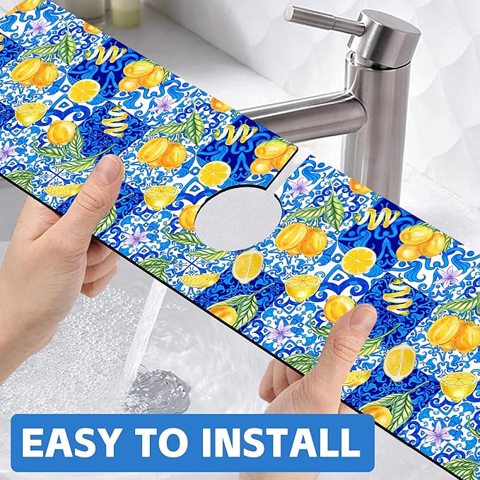 Blue Tiles and Yellow Lemon Sink Faucet Absorbing Mat Sink Splash Guard Faucet