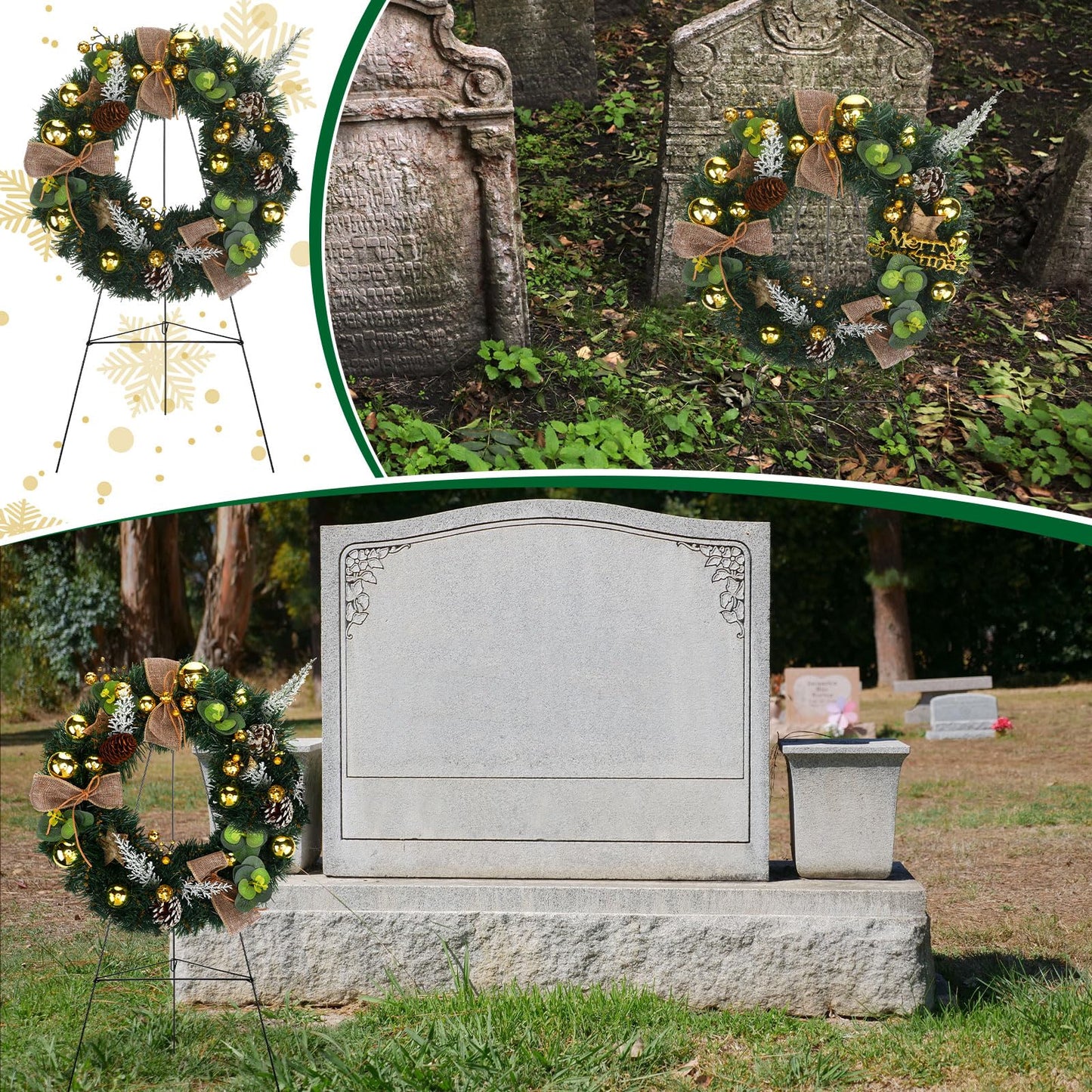 Hotop 2 Pcs Christmas Memorial Cemetery Wreath for Graves with 30 Inch Easel Christmas Memorial Wreath Decoration Set Pinecones Gold Leaves for Holiday Outdoor Gravestone