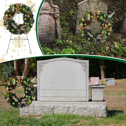 Hotop 2 Pcs Christmas Memorial Cemetery Wreath for Graves with 30 Inch Easel Christmas Memorial Wreath Decoration Set Pinecones Gold Leaves for Holiday Outdoor Gravestone