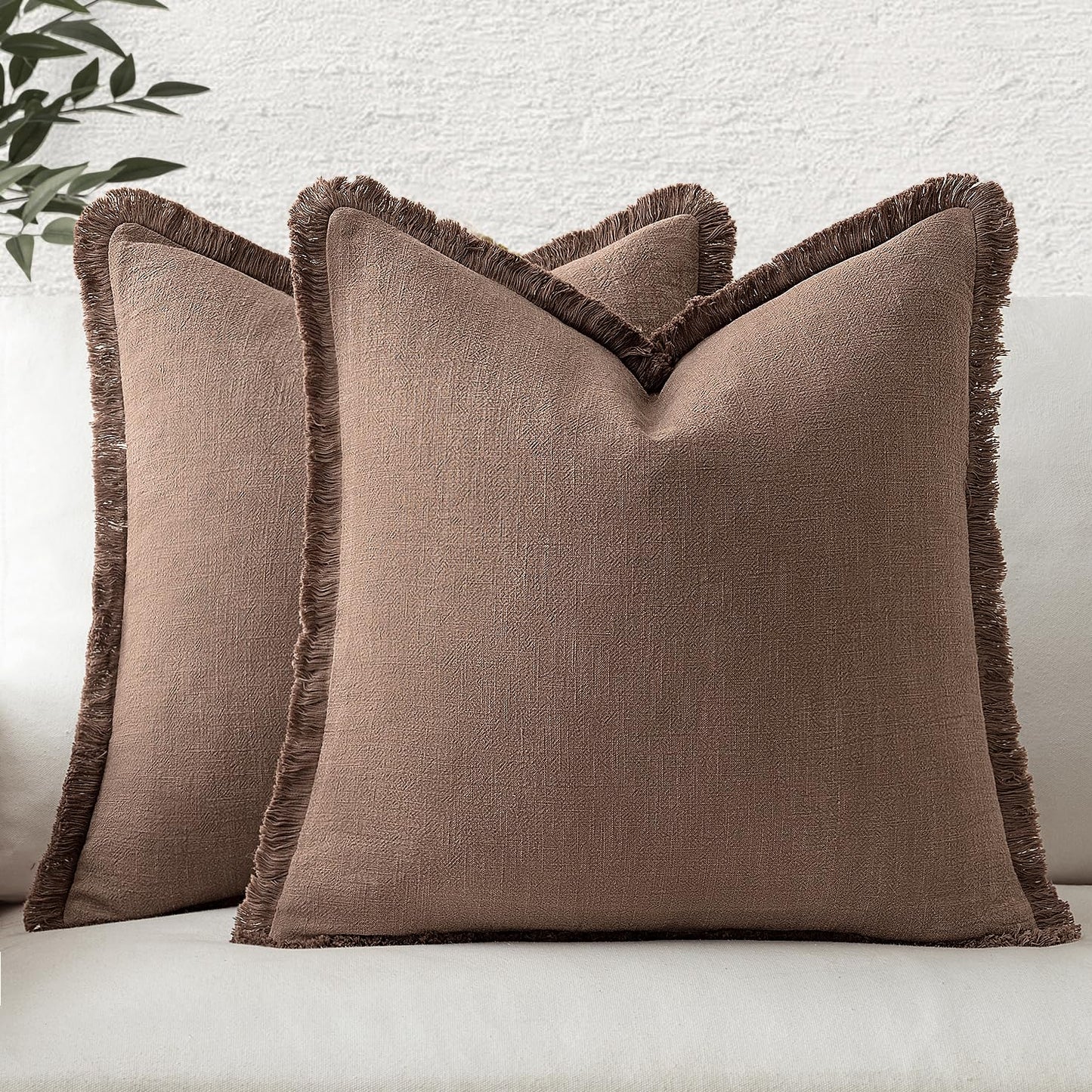 MIULEE Christmas Decorative Throw Pillow Covers Neutral Linen Fringe Fall Throw Pillows Set of 2 Natural Beige Boho Farmhouse Cushion Covers with Tassels for Couch Sofa Bed Home Decor 20x20 Inch