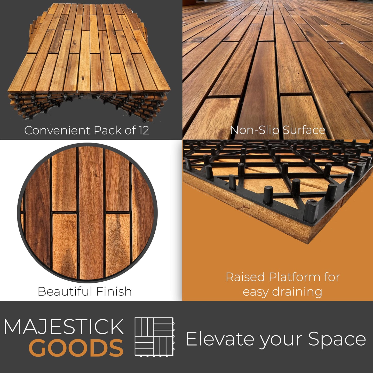 Majestick Goods Interlocking Longboard Deck Tiles, Acacia Wood Interlocking Deck Tiles - Easy Install for Patio Flooring & Walkways with Raised Base Drainage, 24 x 12 x 0.9 in. (12 Count)