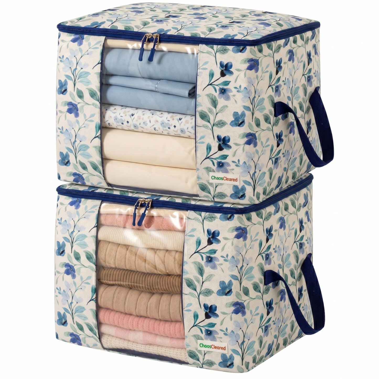 Chaos Cleared Canvas Storage Bags Designer Organizer 2 Pack – Seasonal Storage for Sweaters, Blankets, Linens & Garments – Foldable Design with Zip & Window (Blue Floral Print)