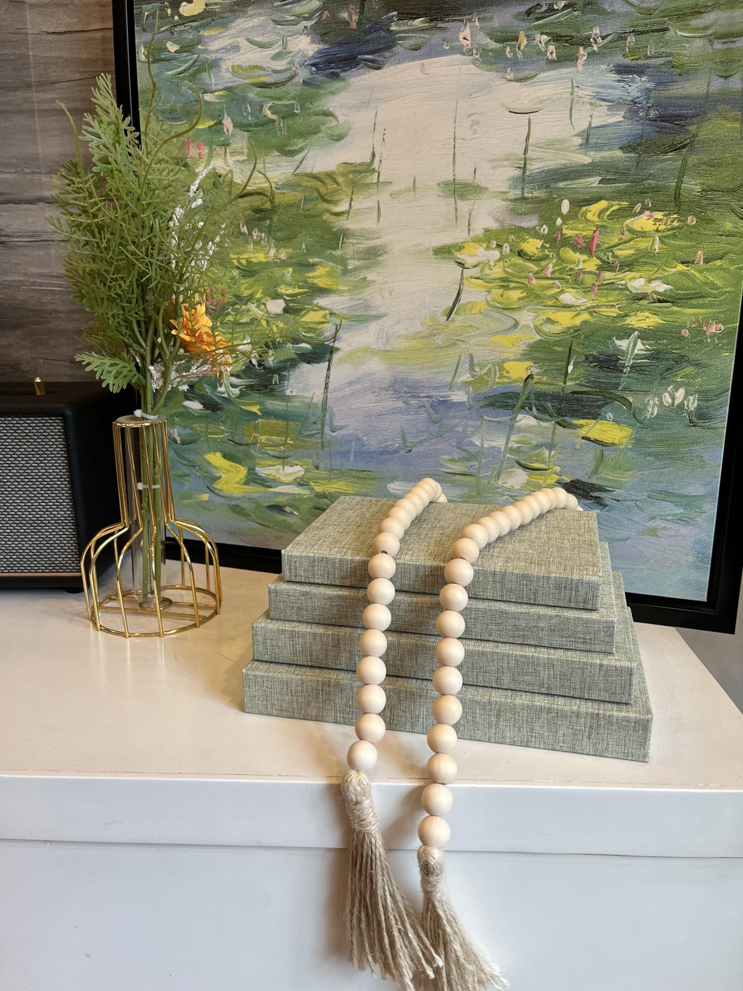 Linen Covered Decorative Books 4 Pieces, Neutral Home Decor Coffee Table Books with Wooden Beaded Tassel, Stacked Books for Rustic Farmhouse Modern, Boho, Bookshelf, Fireplace Mantel Decor, Sage