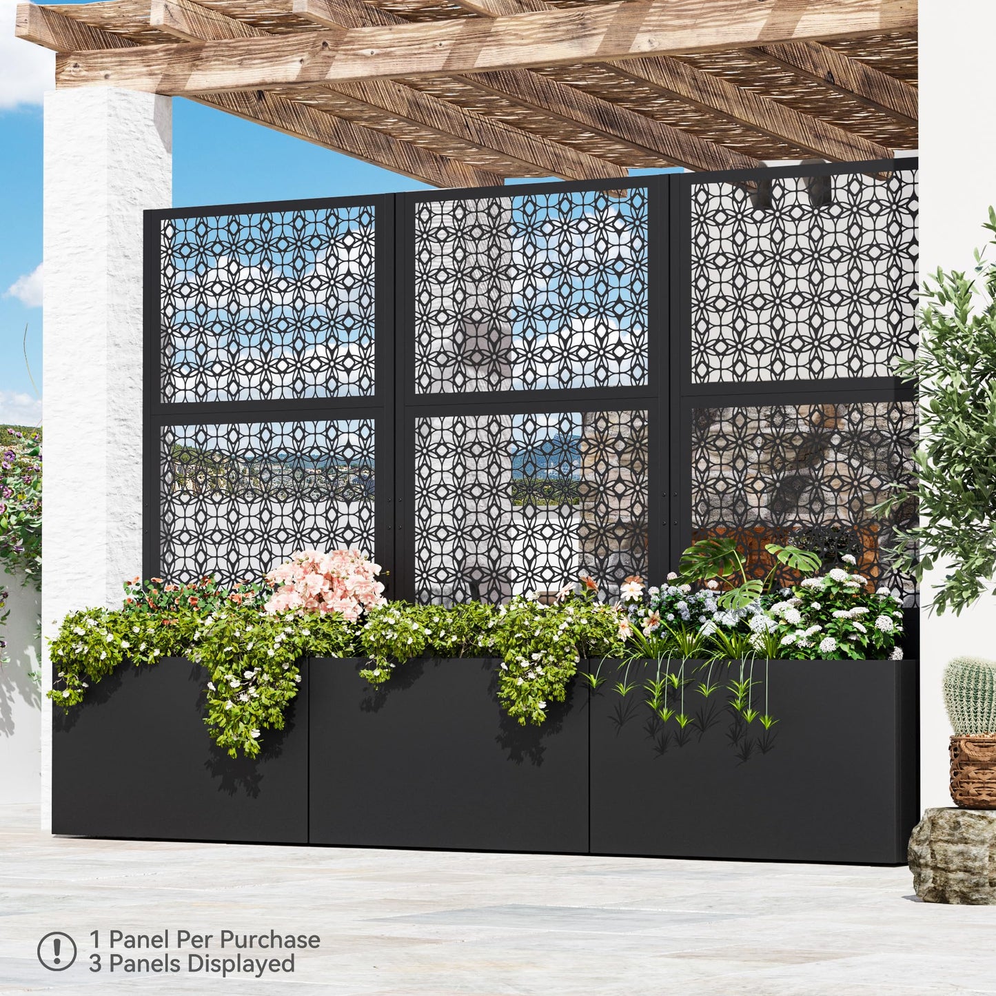 Modern Shade Metal Planter Box with Trellis Privacy Screen, 6x3 FT Large Raised Garden Bed, Multi-Functional Privacy Screen Outdoor with Drainage Holes for Climbing Plants, Petal Weave