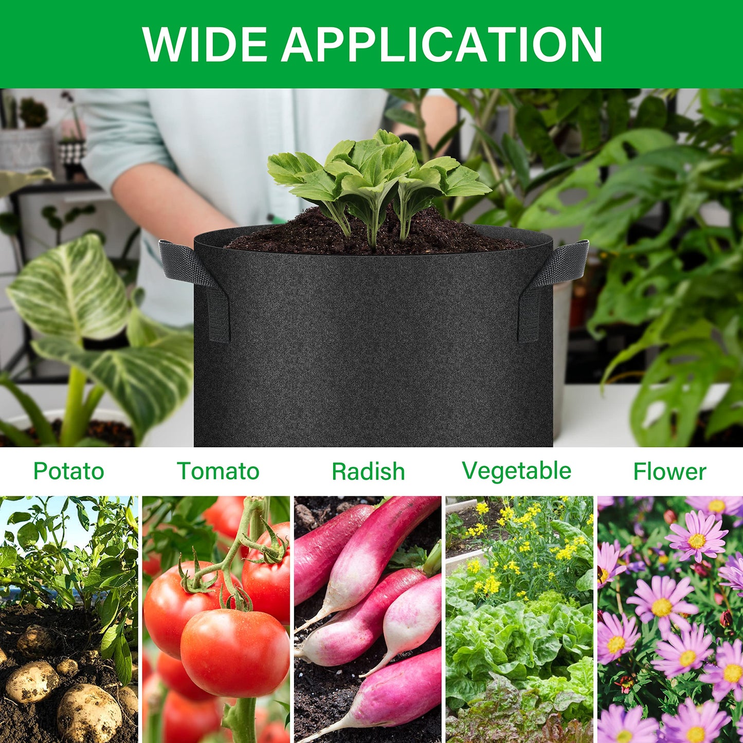 YSSOA 5-Pack 10 Gallon Grow Bags, Aeration Nonwoven Fabric Plant Pots with Handles, Heavy Duty Gardening Planter for Potato, Tomato, Vegetable and Fruits, Black