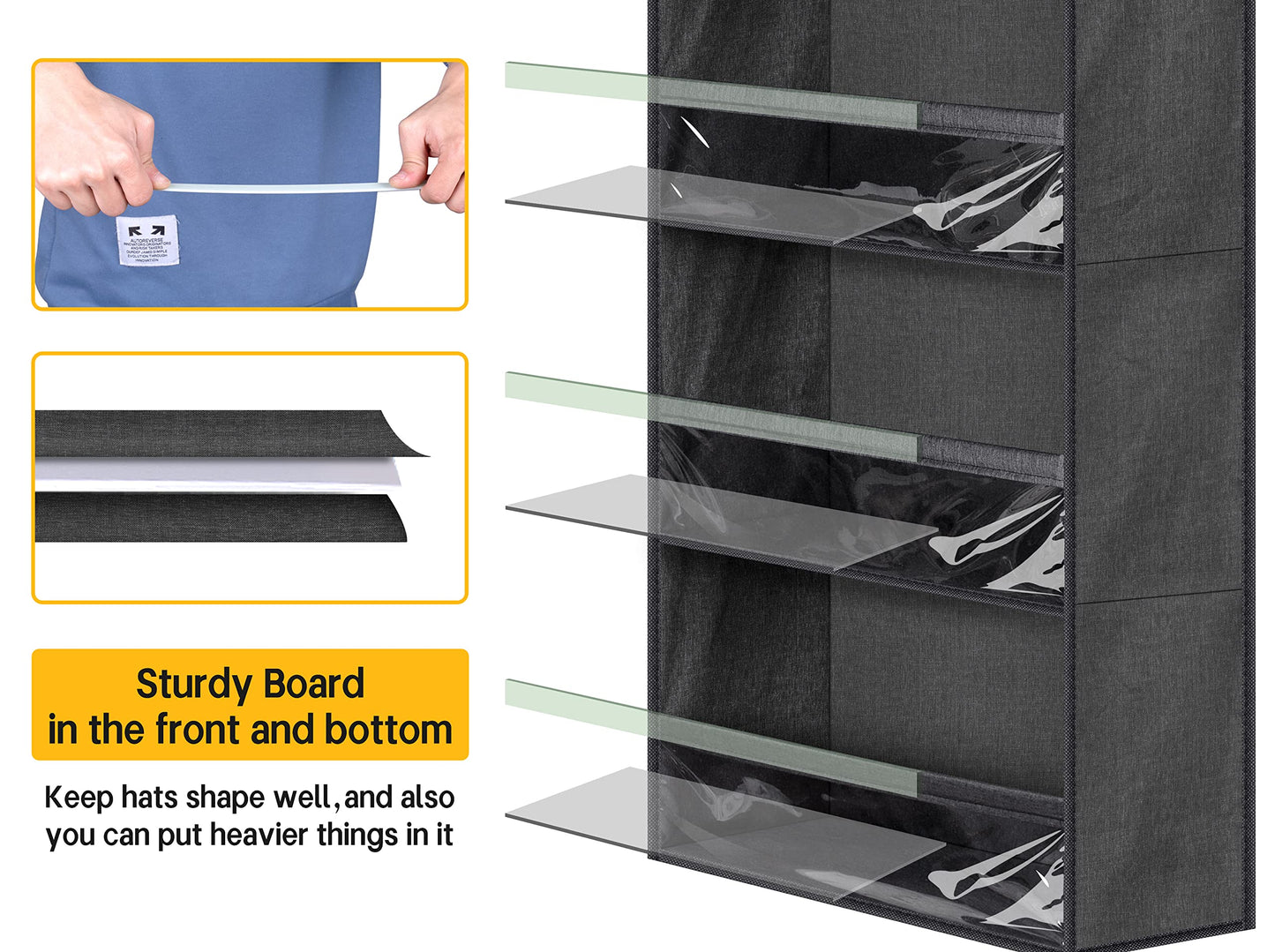 SLEEPING LAMB Over Door Hat Racks for Baseball Caps, Clear Deep Pockets Hat Organizer for Closet or Wall Hold 60 Hats Storage Holder With 3 Hooks Caps Display (Black)