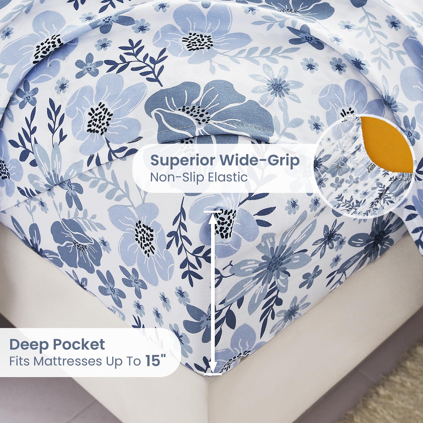 Mooreeke Full Size Sheets Set - 4 Piece Soft Breathable Microfiber Bed Sheet Set - Blue & White Flower Pattern Sheet Set Full - Deep Pocket Non-Slip Floral Fitted Sheet Included for All Season