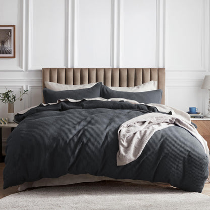 Bedsure 100% Cotton Duvet Cover Queen Size with Fitted Sheet - 4 Pieces Charcoal Waffle Weave Duvet Covers, PureWowen Breathable Bedding Set, 1 Duvet Cover 90x90, 1 Fitted Sheet, 2 Pillow Shams