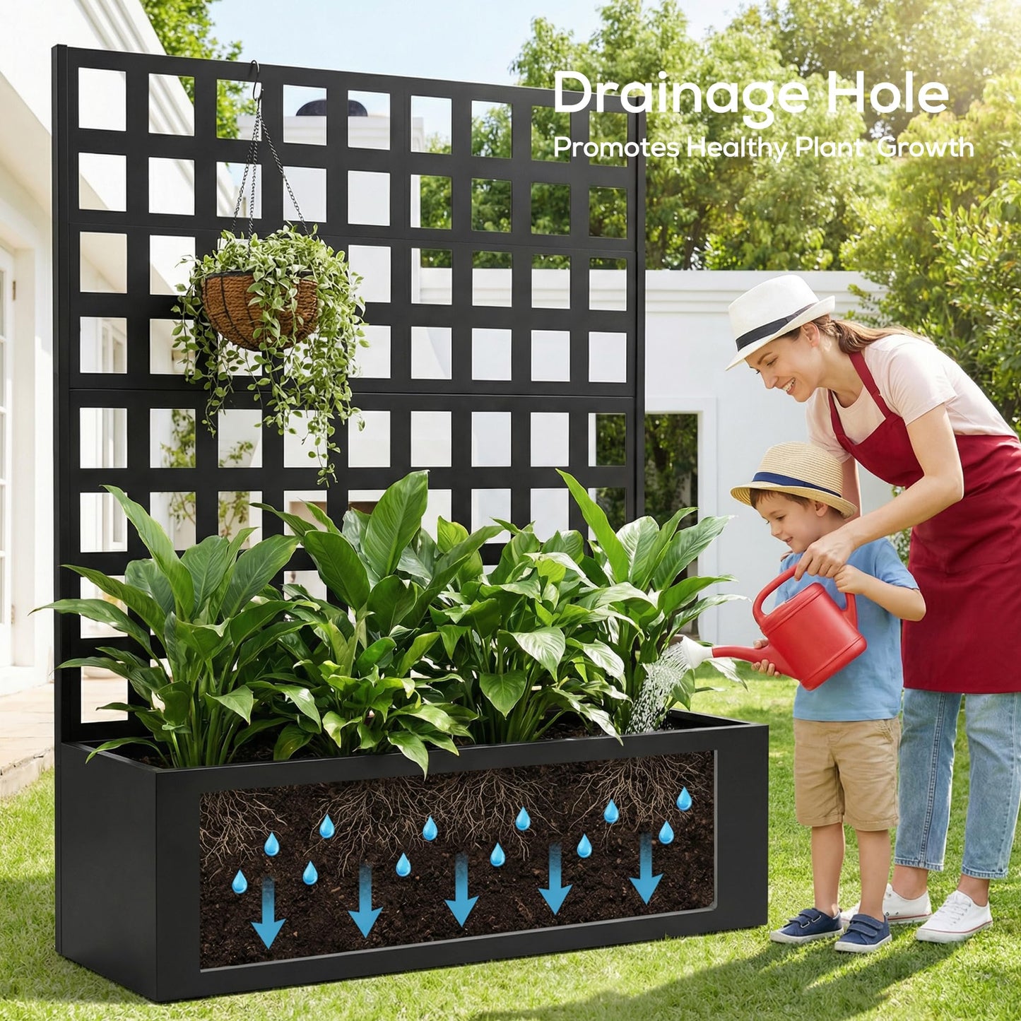 MOMOKOVA Metal Planter Box with Trellis Privacy Screen,46.65" L×12.01" W×70.87" H Raised Garden Bed with Trellis,Drainage Holes Privacy Screen Planter Box for Climbing Plants and Vegetable (Grid)