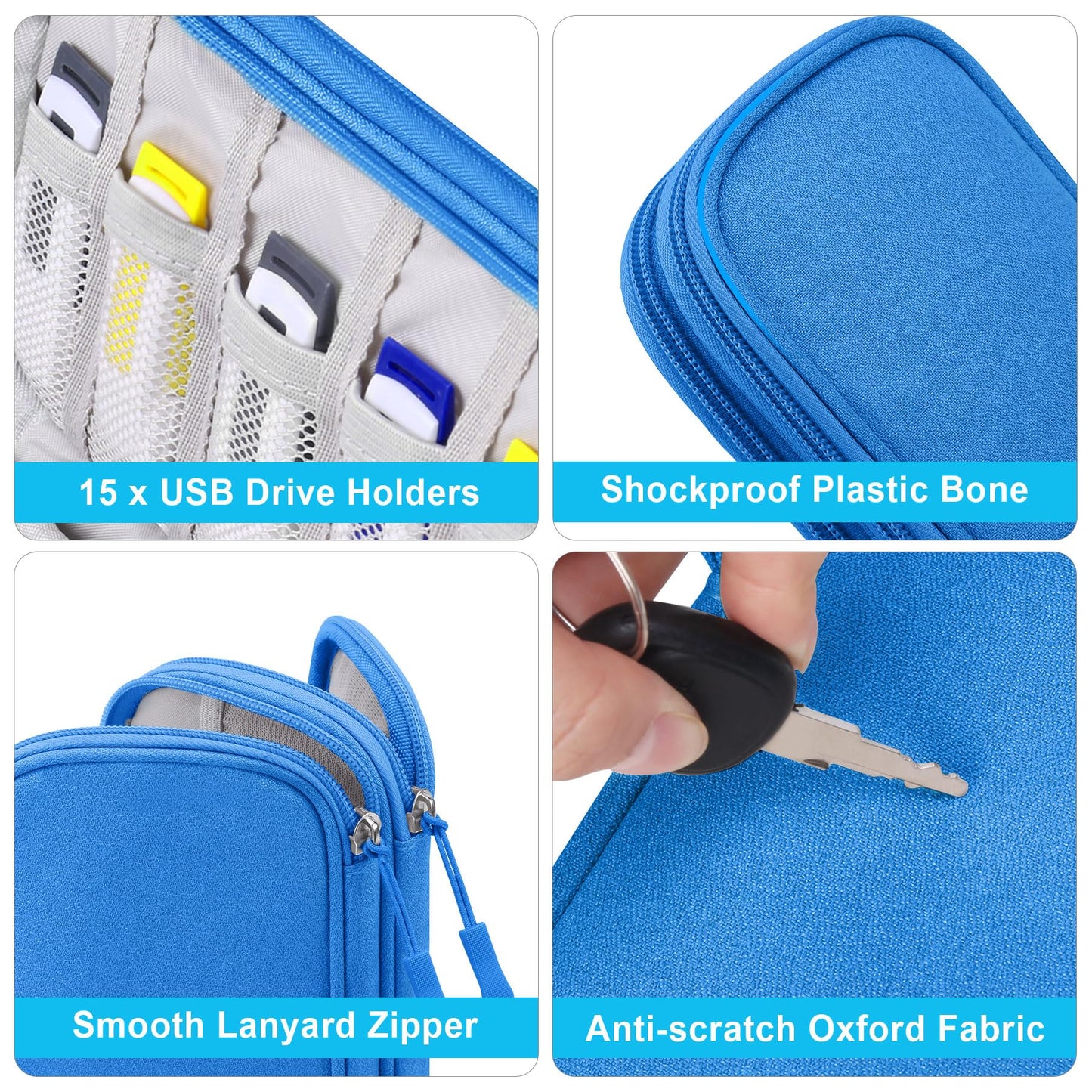 Lacdo USB Flash Drive Case Thumb Drive Holder Case Organizer Portable Electronic Accessories Storage Bag for SanDisk/SamData/Samsung USB Flash Drives Jump Drive Memory Stick, SD Card, Cable, Blue