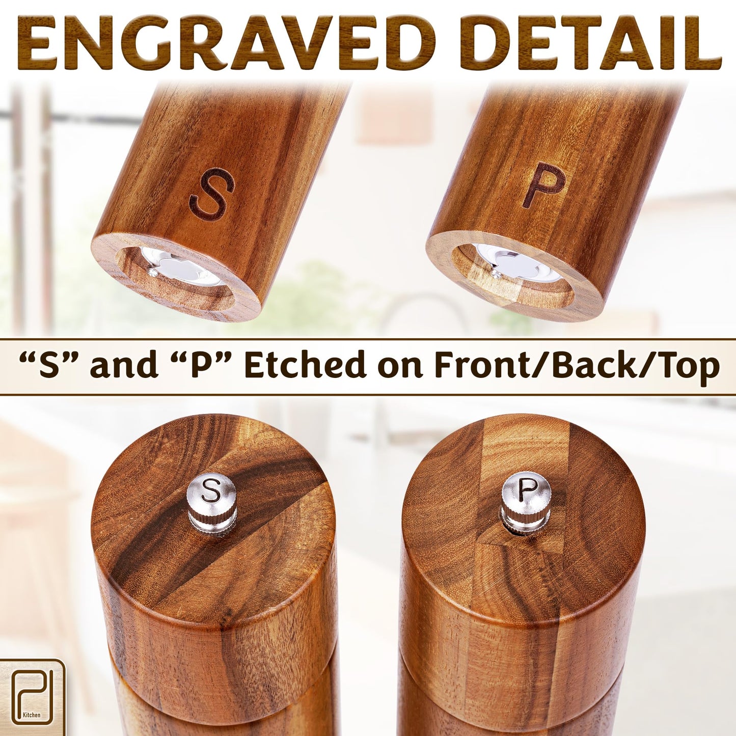 Premium Wooden Salt and Pepper Grinder Set - 28 g / 1 oz each, Acacia Solid Wood Mills - Refillable Coarse Grain Salt & Peppercorn Manual Twist Grinders - Modern or Rustic Home Table - by PJC-Kitchen