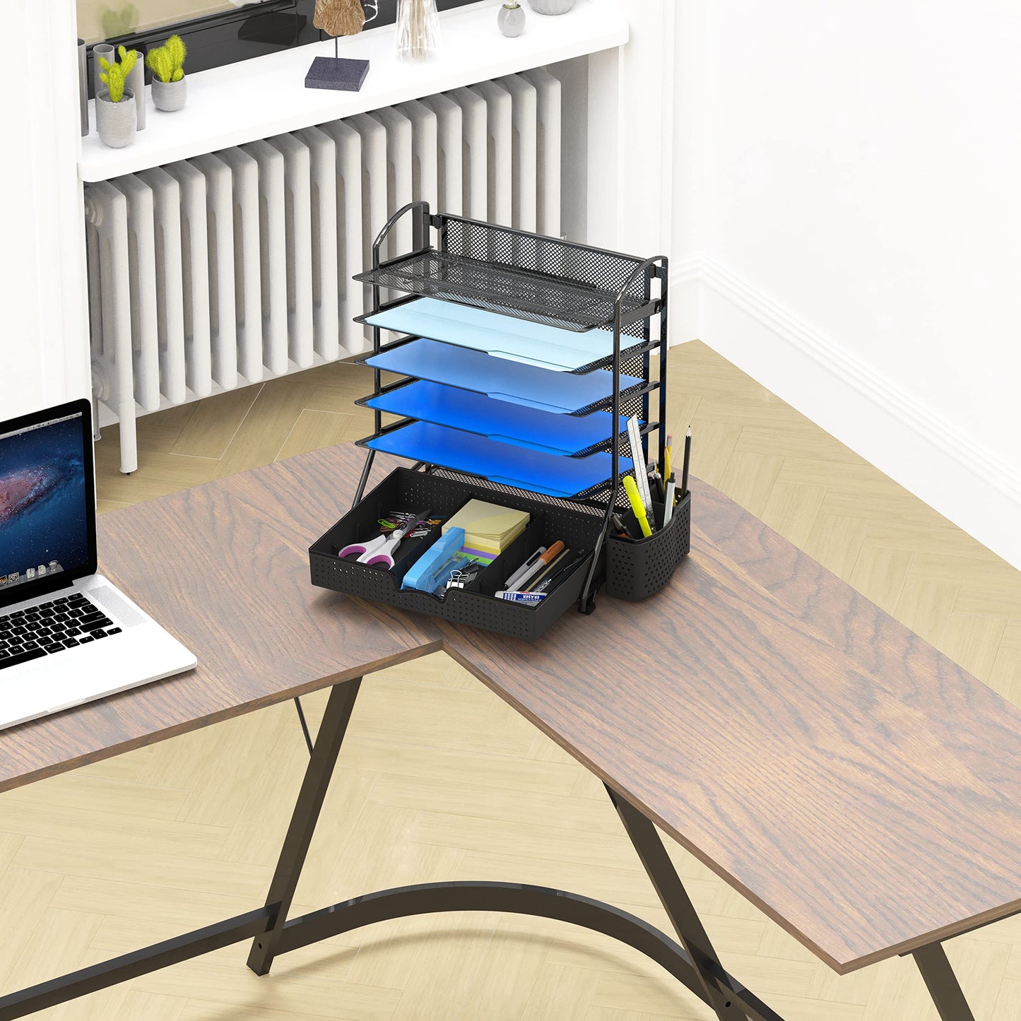Simple Houseware 6-Tier Desk Document File Tray Organizer with Supplies Sliding Drawer, Black