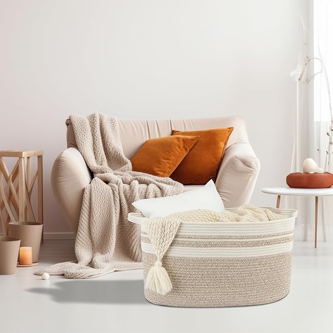 Large Rectangle Blankets Basket Living Room 22"x17"x12" Woven Cotton Rope