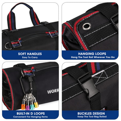 WORKPRO Roll Up Tool Bag, Tool Roll Up Bag with Detachable Tool Pouches, Heavy Duty Tool Bag Organizer with 6 Pockets, Tool Organizer for Mechanic, Electrician, Plumber and Carpenter