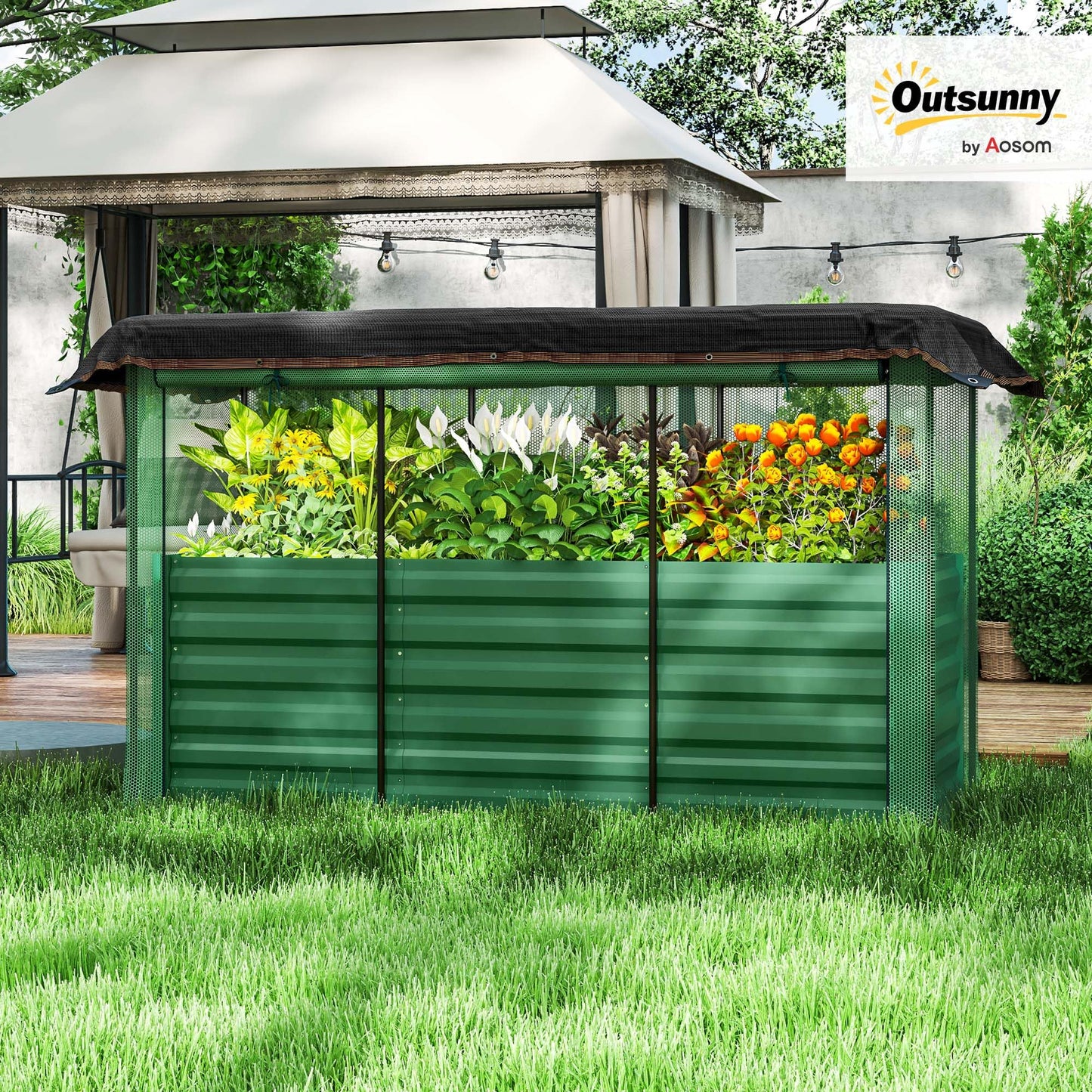 Outsunny 5.9 x 2 x 1.9 ft Galvanized Raised Garden Bed with Crop Cage Plant Protection Net and Shade Cloth Roof, Metal Planter Box with Cover for Vegetables, Flowers, Herbs, Green