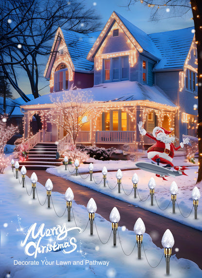 Brightown 2 Pack Strawberry C9 Christmas Pathway Lights Outdoor, Total 34.8 Ft 20 C9 Pathway Lights, Waterproof Connectable Christmas Walkway Light for Yard Ground Sidewalk Driveway, Pure White