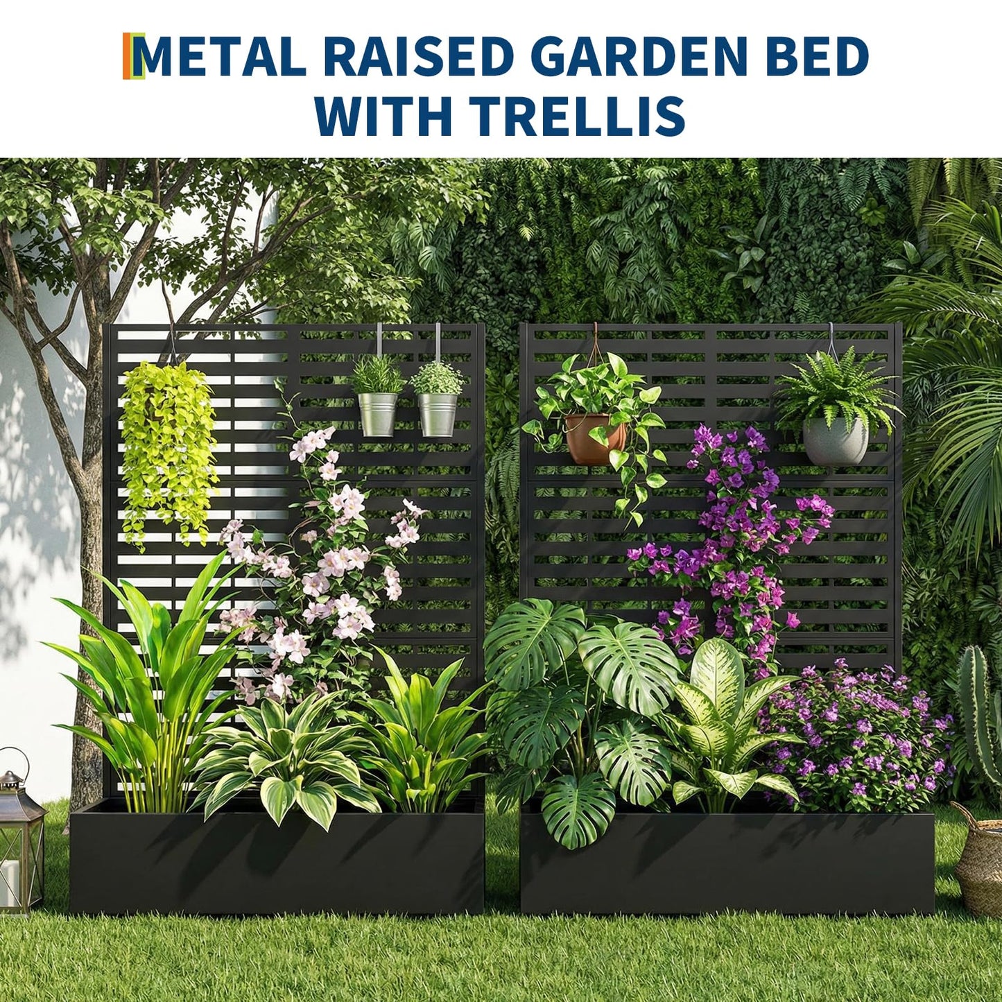 Garvee Metal Planter Box with Trellis, 71.5"x47"x16" Raised Garden Beds with Trellis and Wheels for Climbing Plants Vegetables, Privacy Screen Planter Box with Drainage Holes for Patio Balcony, Black