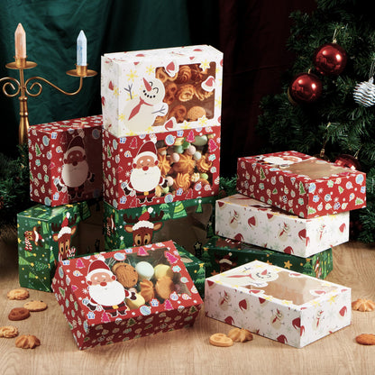 JOYIN 24 PCS Christmas Foil Treats Cookie Gift Boxes (8.75" x 5.75" x 2.75") Colorful Pattern Bakery Box with Window for Xmas Holiday Birthday Party Pastries, Cupcakes, Brownies, Donuts Gift-Giving