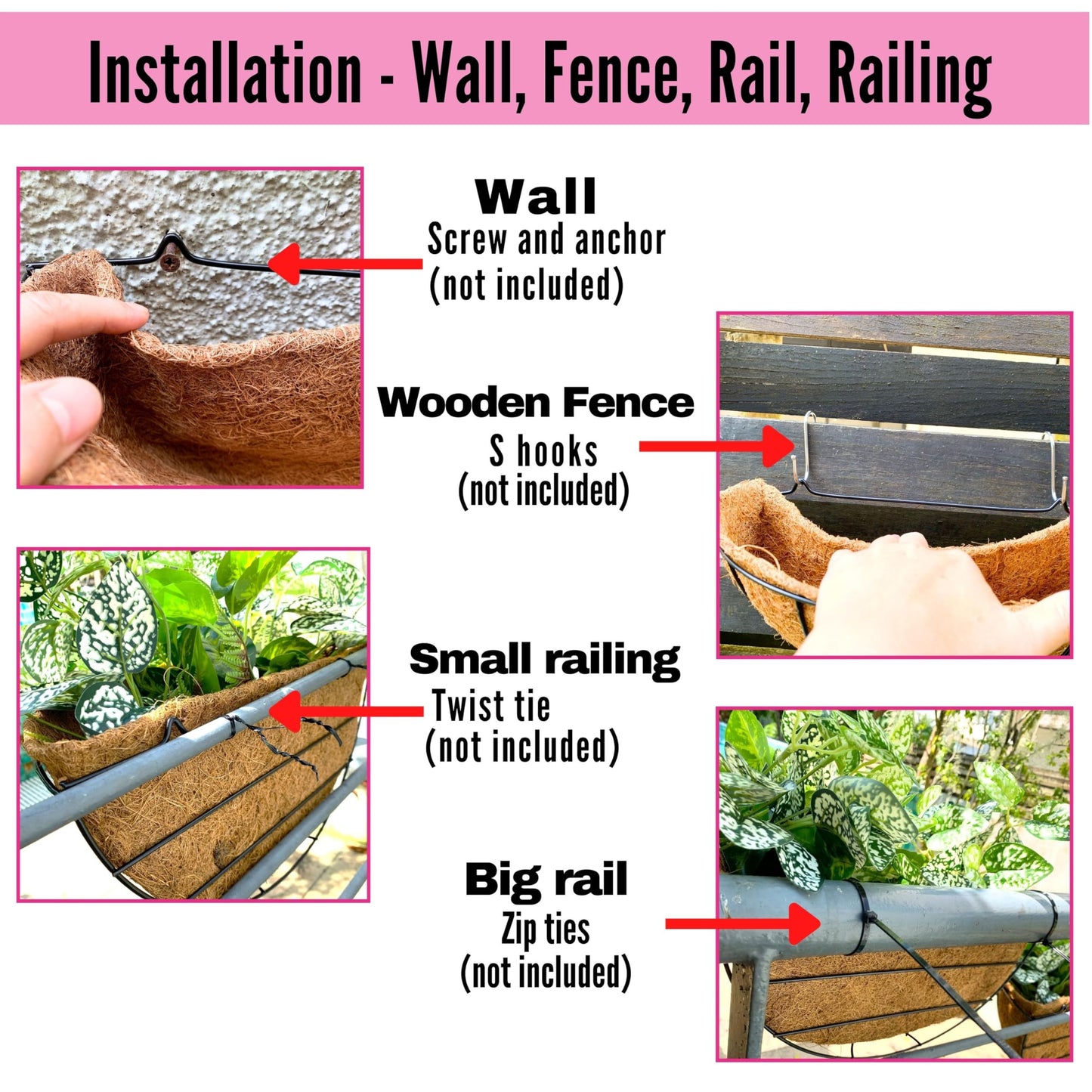 LaLaGreen Outdoor Wall Planters, 4 Pack, 14 Inch Large Balcony Planter Railings Hanging, Rail Flower Basket with Coco Liner English Horse Trough Black Metal Wire Succulent Pot Holder Deck Porch Garden