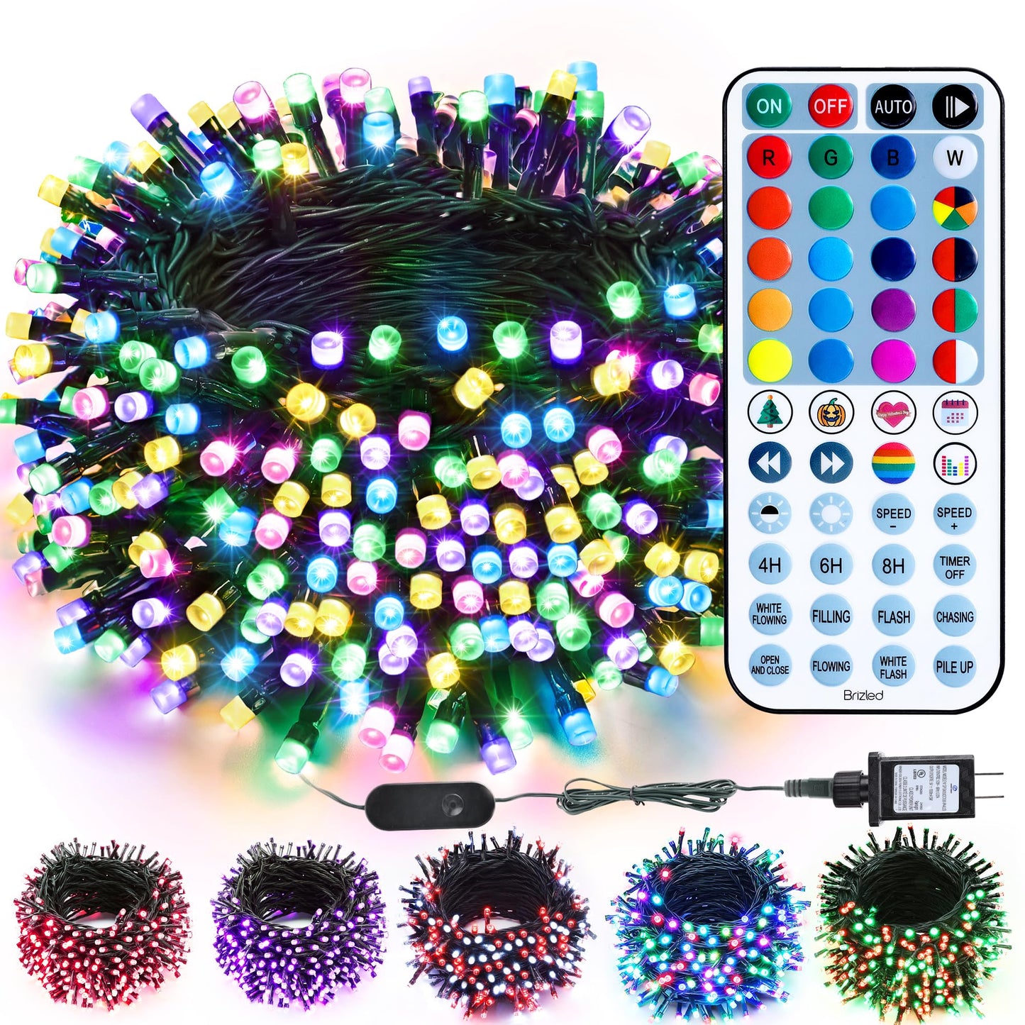 Brizled Christmas String Lights, 33ft 100 LED Color Changing Christmas Lights with Remote, RGB Christmas Tree Light Dimmable Music Plugin Mini Xmas Light Outdoor for Xmas Party Home