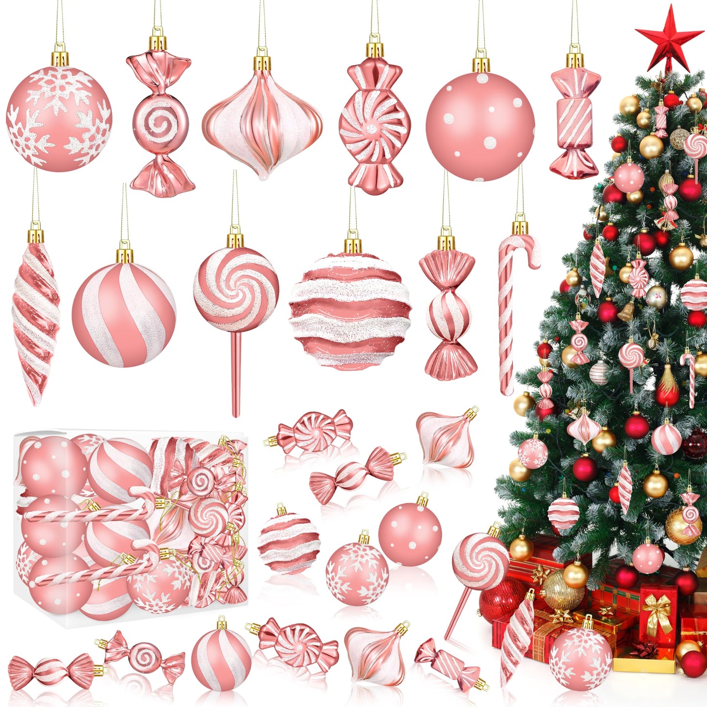 Christmas Ornaments Candy Lollipop Set -48Pcs for Xmas Tree Decoration Hanging Plastic Gloss Candy Canes Ball Pendants for New Year Home Decor Party Supplies (Rose Gold)