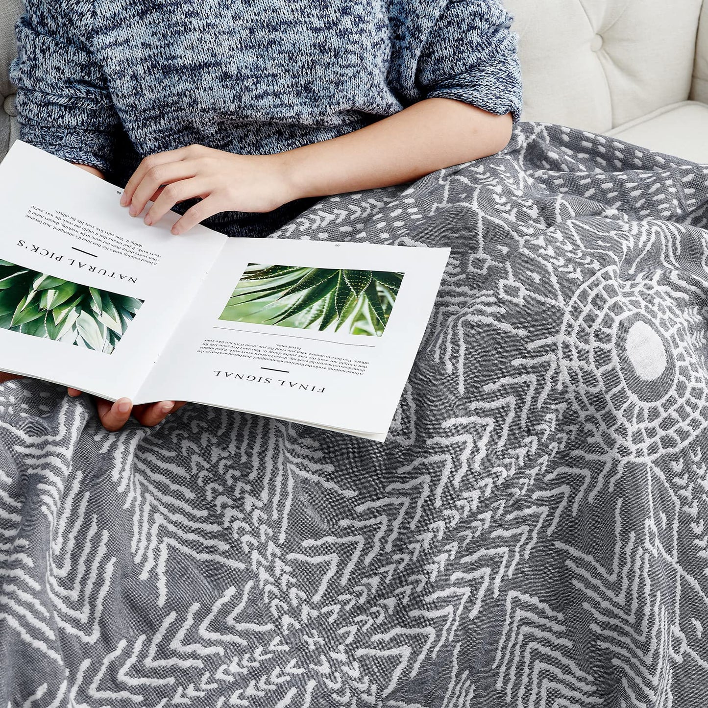 JINCHAN Boho 100% Cotton Muslin Blanket 3-Layer Twin Size Geometric Lightweight Reversible Soft Cozy Throw for Couch Sofa Bed All Season Coverlet Ideal Gift Bedroom Living Room Decor Grey 60x80 Inches