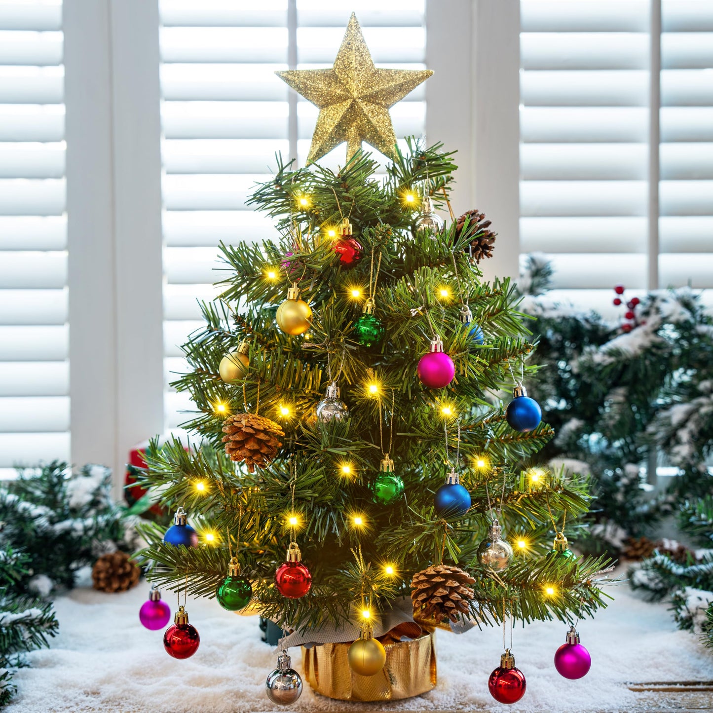 Joiedomi 24"/2FT Tabletop Mini Christmas Tree Pre lit with Warm Lights, Holly Berries, Pine Cones and Ornaments for Indoor Artificial Mini Xmas Tree Holiday Season Decorations (Gold)