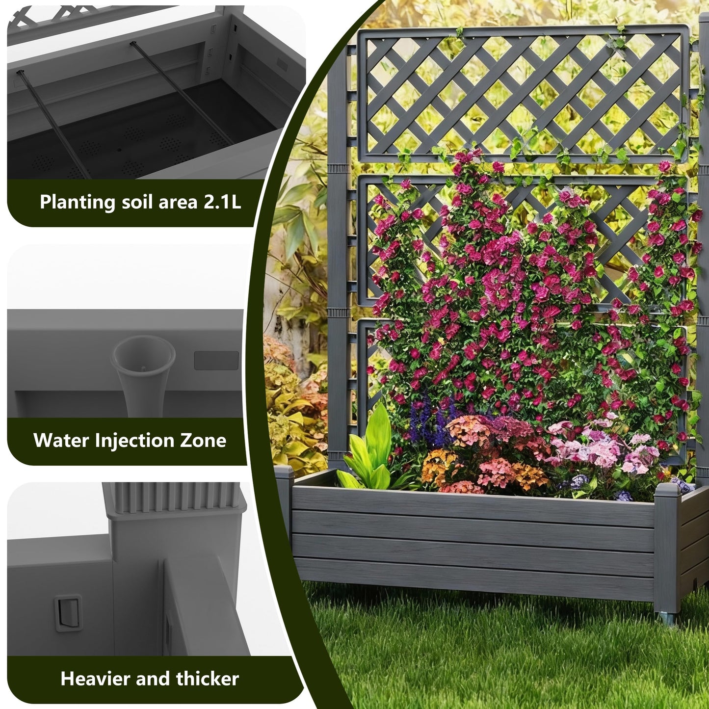 GYMHILL Elevated Raised Garden Bed with Trellis, 21 Gallon Self-Watering Outdoor Resin Planter Box with Lockable Wheels Drain Plug & Water Monitor for Plants Vegetables Flowers Fruits (Black)