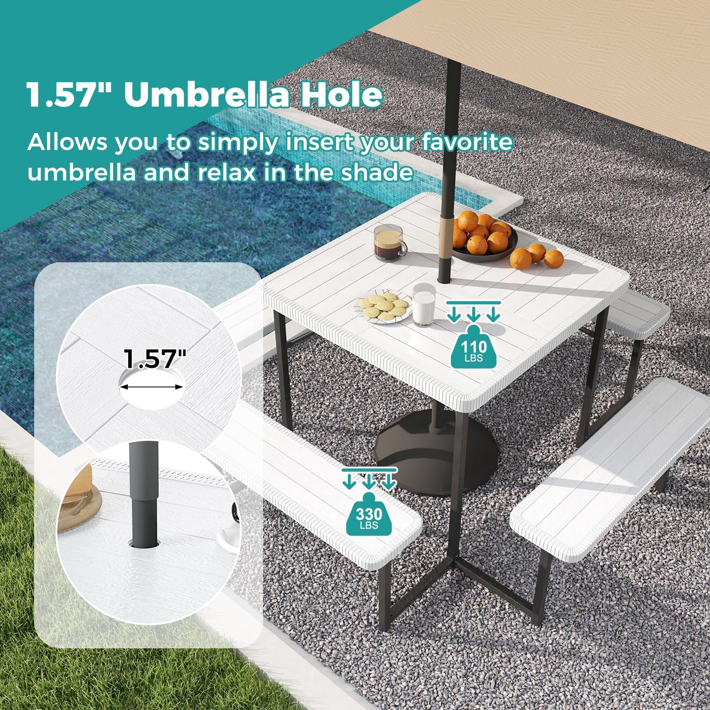 Giantex Picnic Table Bench Set for 4-8 People, 34" Outdoor Square Dining Table & 2 Benches w/Umbrella Hole, HDPE Tabletop, Metal Frame, Patio Camping Furniture for Backyard Porch Lawn (White,Square)