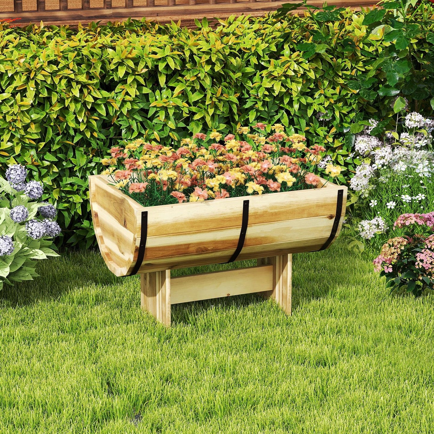 Giantex Half Barrel Raised Garden Bed, Acacia Wood Planter Box for Flower Vegetable Fruit, Outdoor Indoor Plant Pot with Legs for Garden Decoration,18"x12"x11.5"