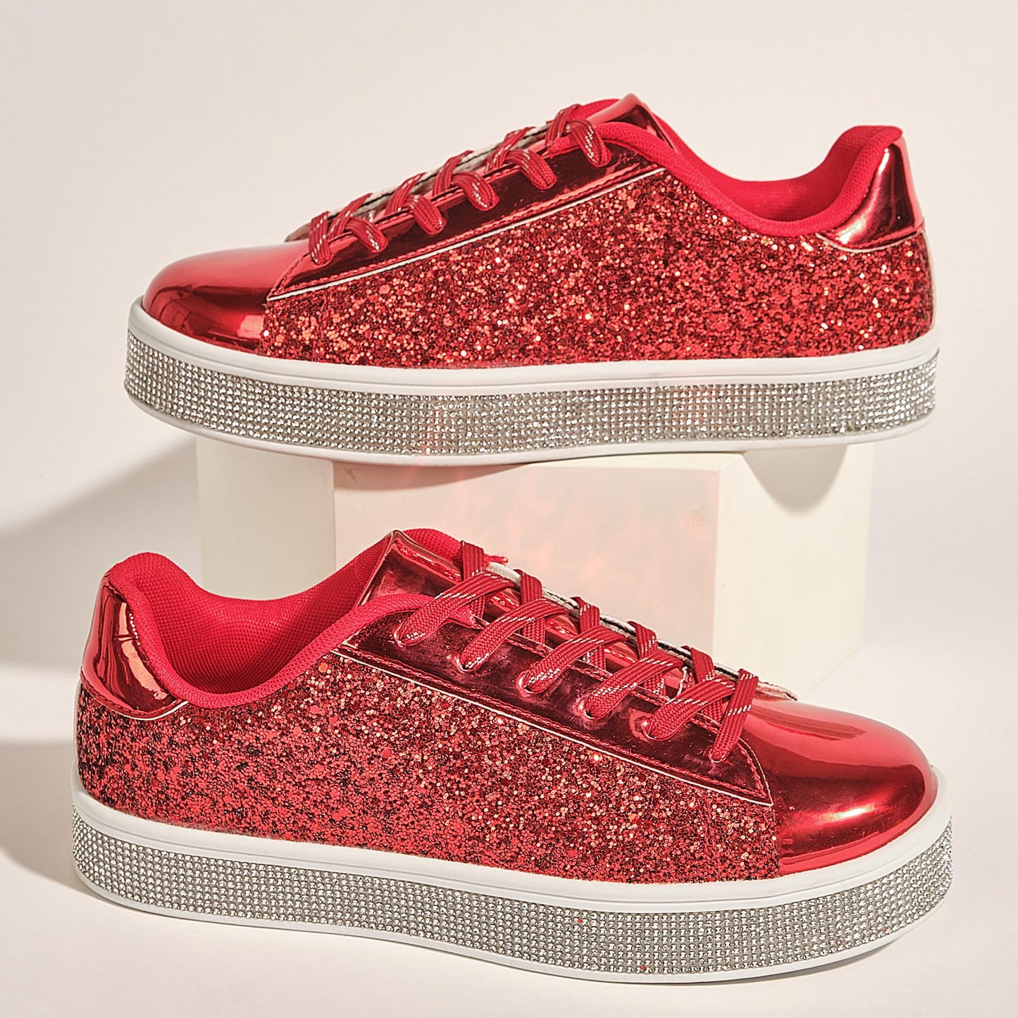 UUBARIS Women's Glitter Tennis Sneakers Neon Dressy Sparkly Sneakers Rhinestone Bling Wedding Bridal Shoes Shiny Sequin Shoes Red Size 6