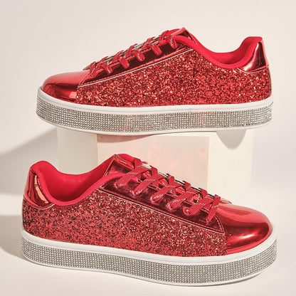 UUBARIS Women's Glitter Tennis Sneakers Neon Dressy Sparkly Sneakers Rhinestone Bling Wedding Bridal Shoes Shiny Sequin Shoes Red Size 6