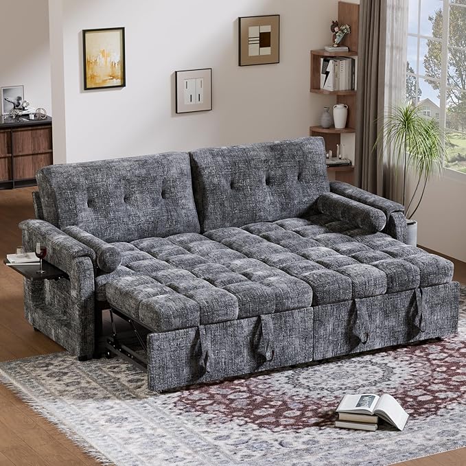 Convertible Sleeper Sofa Bed, 86 Inch Chenille Pull Out Couch