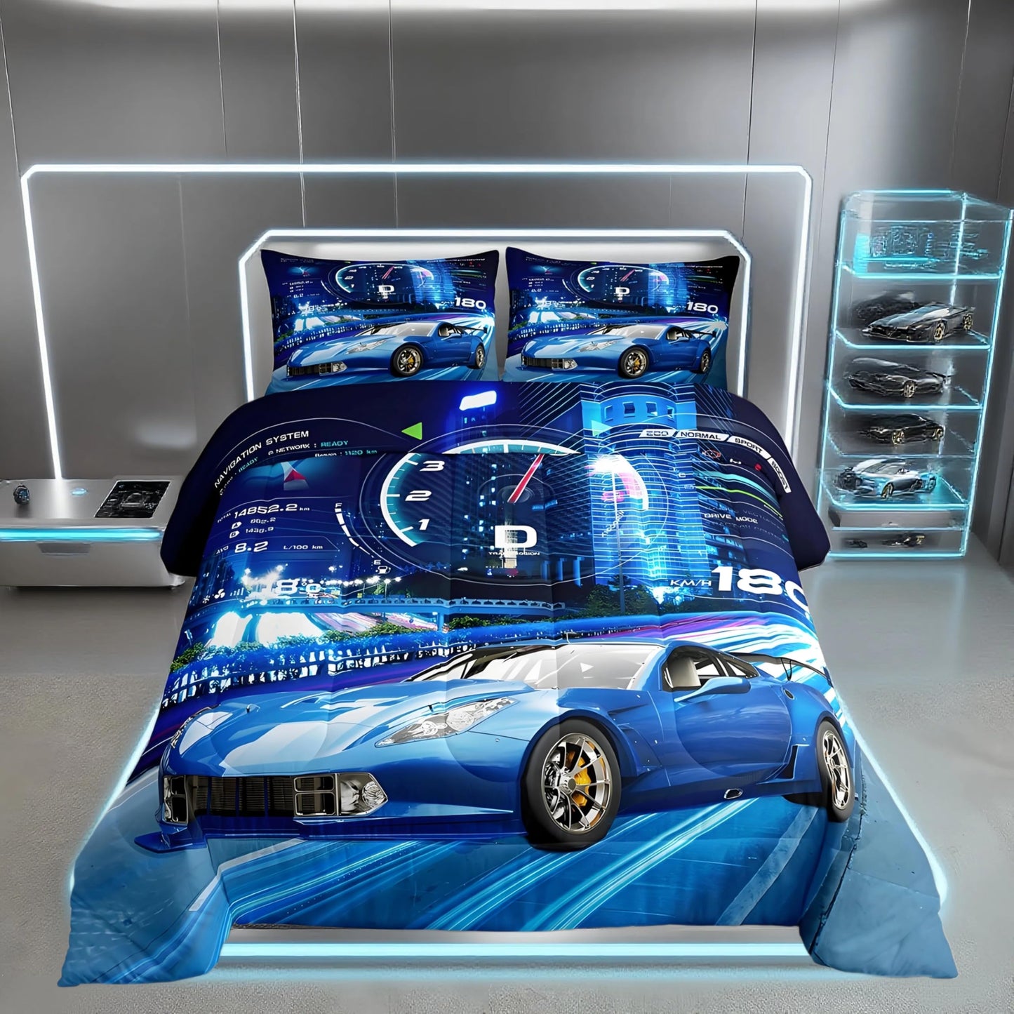 Feelyou Boys Extreme Sports Bedding Set - Race Car Down Duvet Comforter and 2 Pillowcases in Blue for Kids - Queen Size