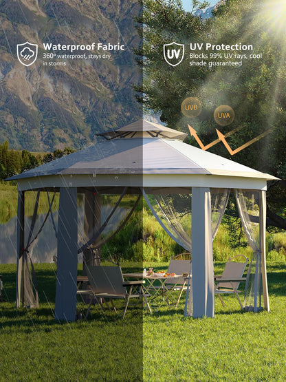 Garvee Pop Up Gazebo Screen Tent, Hexagonal Instant Gazebo Tents with Mosquito Netting Outdoor Canopy, 6 Sided Sun Shelter 13x13 ft with Mesh Netting, Pavilion Tent for Patio, Light Gray+Dark Gray