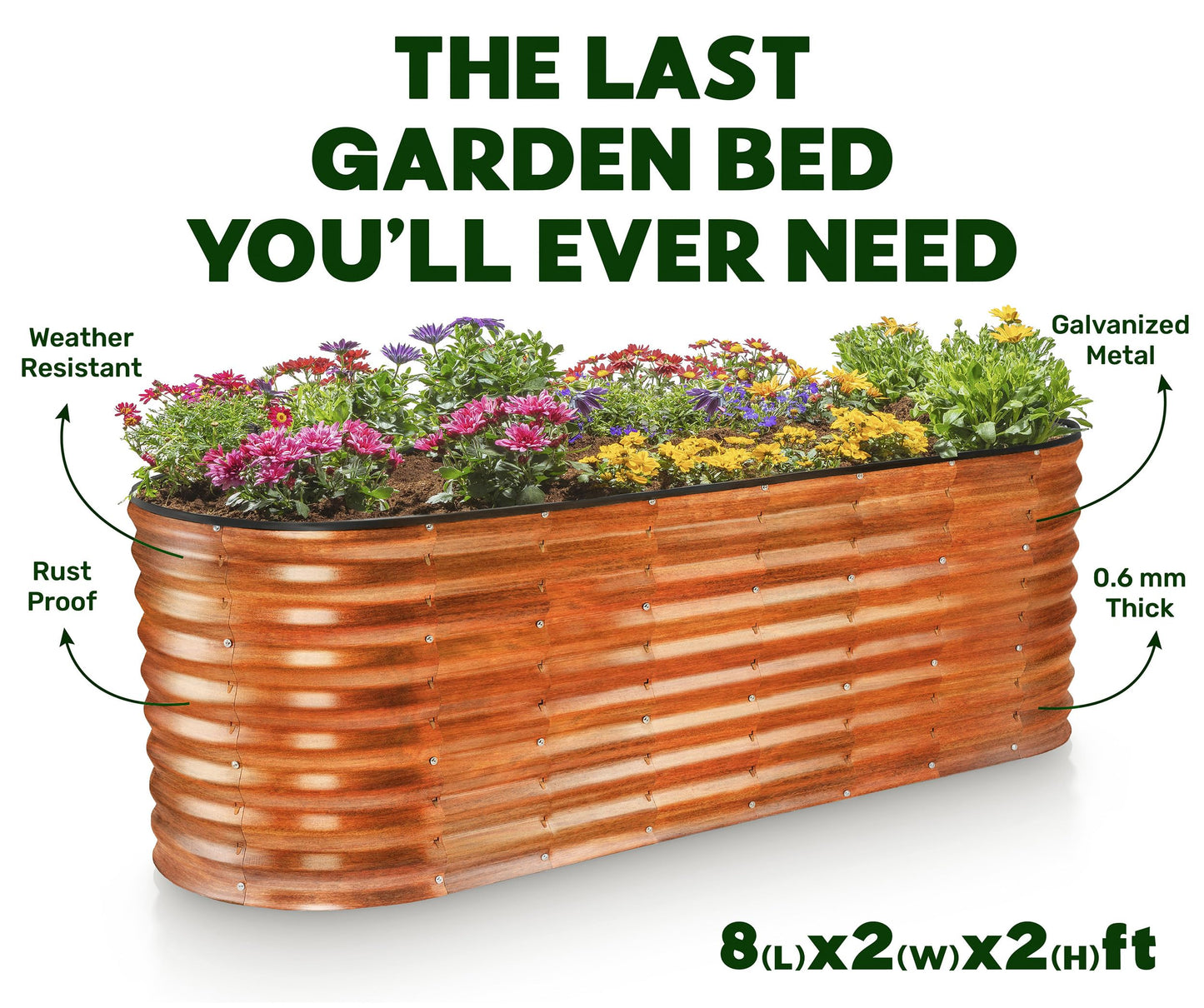 Plant & Plot Galvanized Raised Garden Beds Outdoor // 8×2×2 ft Planter Raised Beds for Gardening, Vegetables, Flowers (Dark Wood Grain) // Large Metal Garden Box // Patented Tool-Free Design