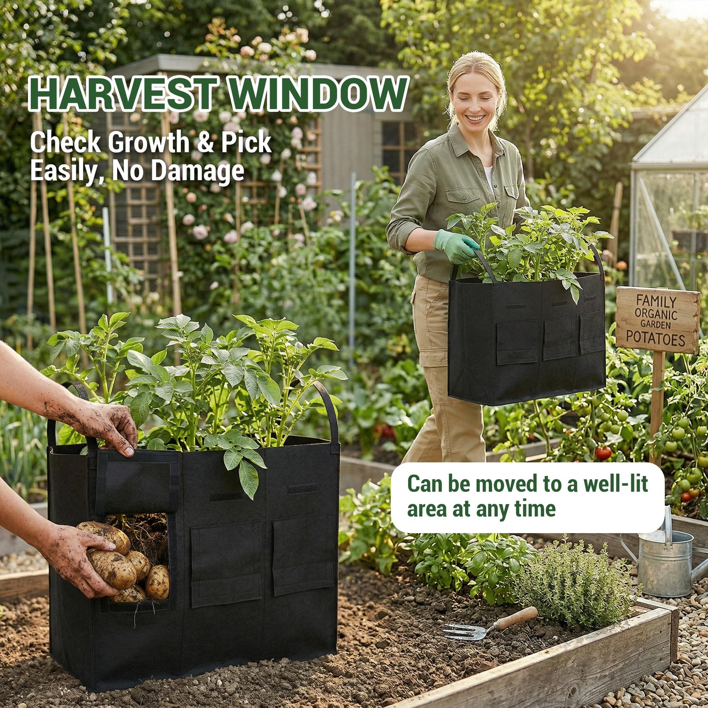Chonway 24 Gallon 2 Pack Potato Grow Bags with Visible Harvest Window & Handles, 3-Compartment Nonwoven Fabric Planters Grow Bags for Potatoes, Potato Planter for Growing Tomato, Vegetables, Flower
