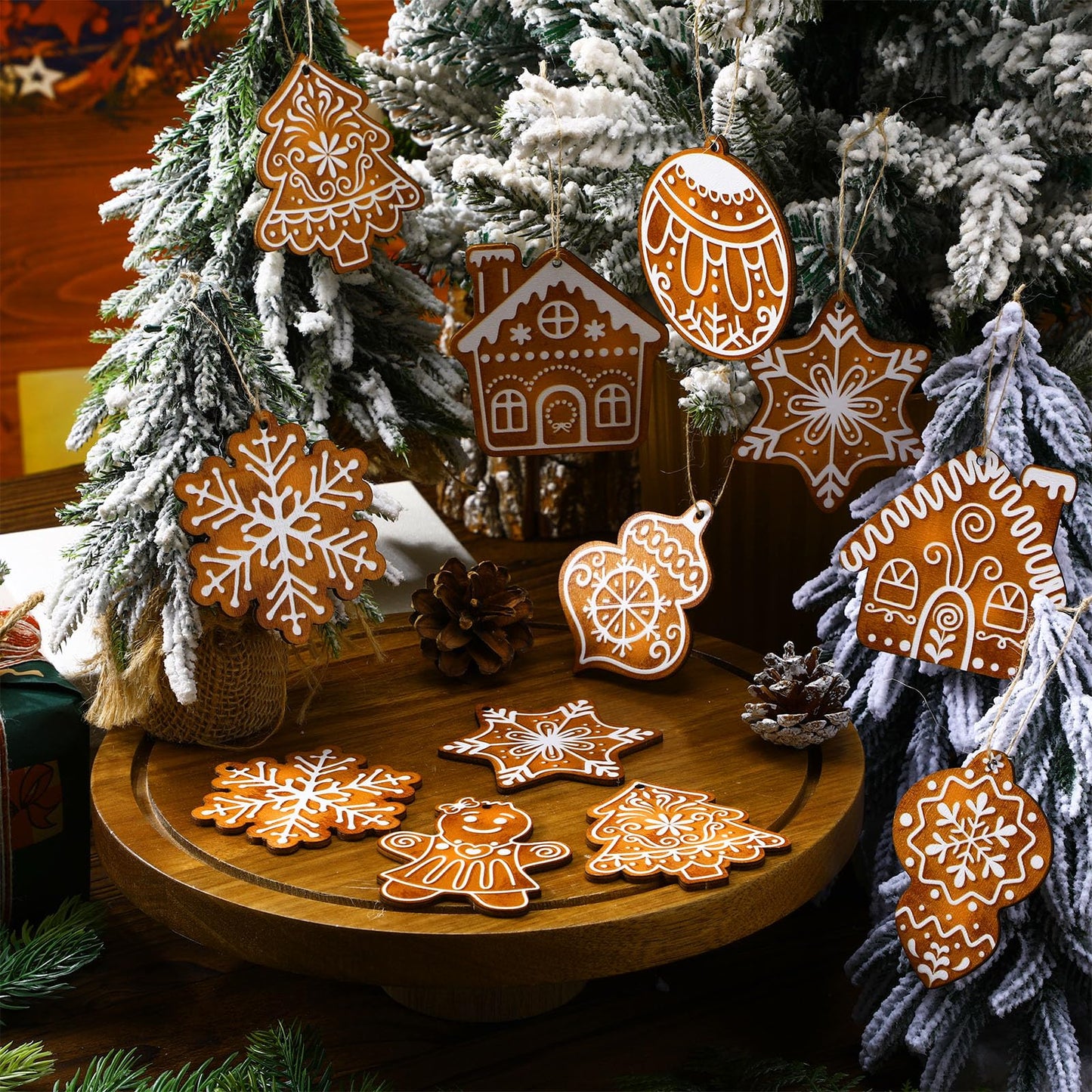 Quzzil 36 Pcs Christmas Gingerbread Ornaments for Tree Mini Snowflake Wooden Hanging Winter Xmas Ornaments with Ropes for Christmas Party Holiday Winter Crafts(Brown,36 Pcs,Gingerbread)
