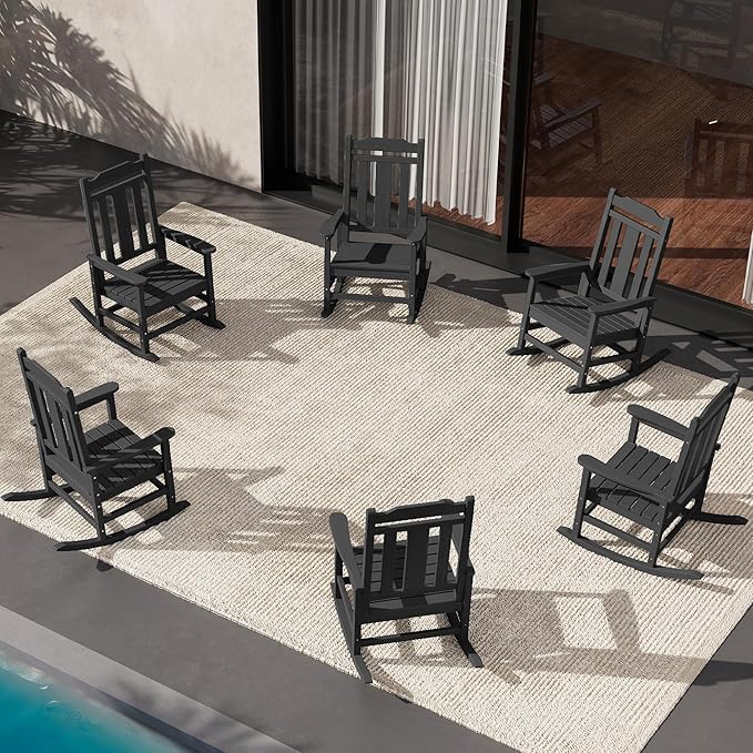 SERWALL Outdoor Rocking Chair Set of 6, Patio Rocking Chair Sets, HDPE Rocking Chair for Adults, Black