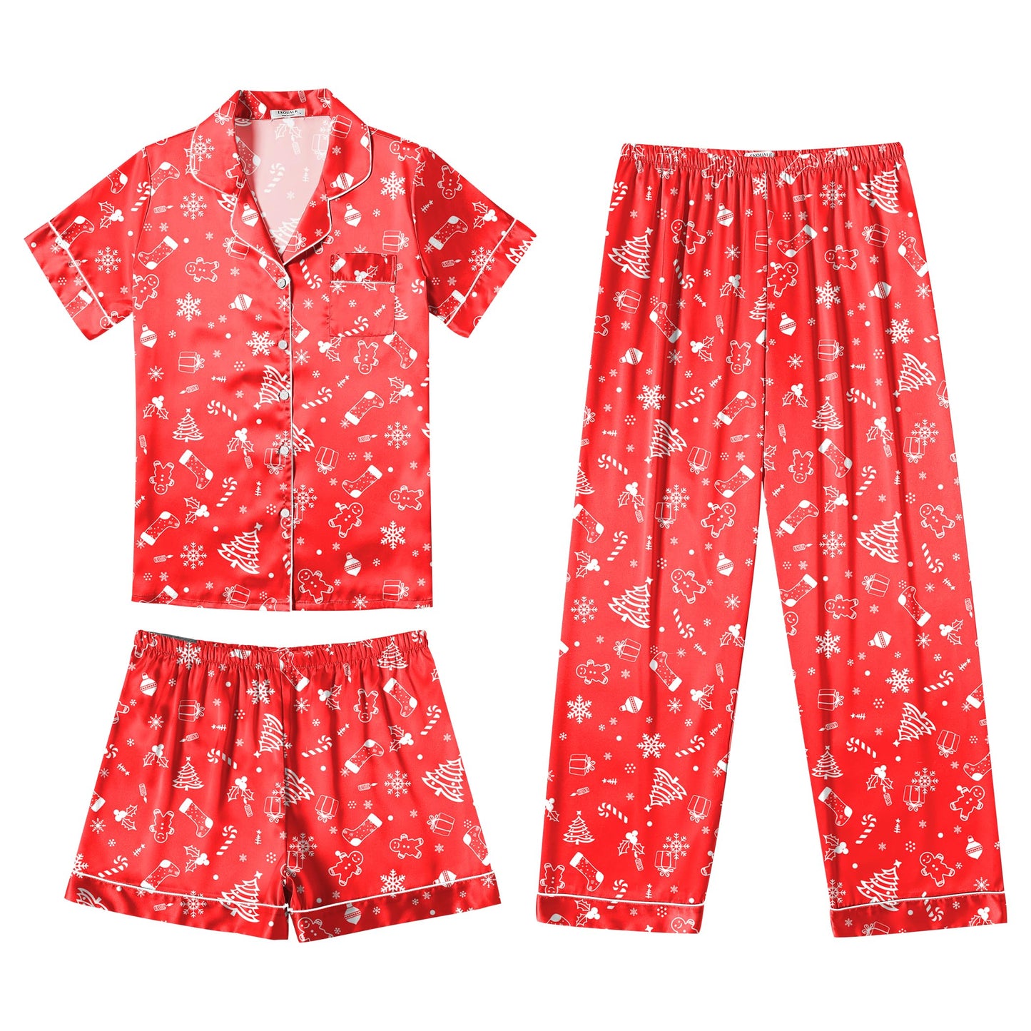 Ekouaer Silk Pajamas for Women Set Satin Pjs Soft Short Sleeve Button Down Sleepwear 3 Piece Loungewear S-XXL