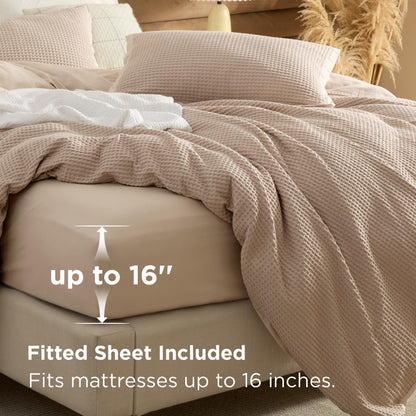 Bedsure 100% Cotton Duvet Cover Queen Size with Fitted Sheet - 4 Pieces Khaki Waffle Weave Duvet Covers, PureWowen Breathable Bedding Set Includes 1 Duvet Cover 90x90, 1 Fitted Sheet, 2 Pillow Shams