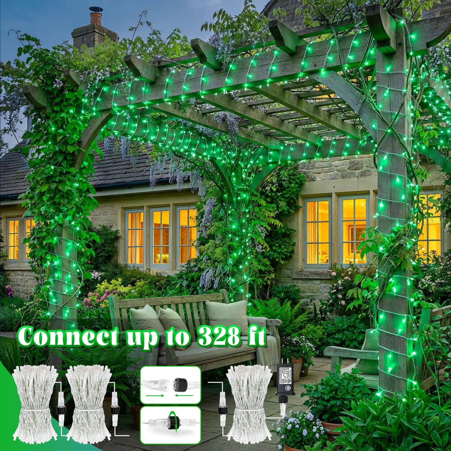 100FT 300 LED Outdoor String Lights, Plug in Connectable Christmas Lights Indoor Waterproof, 8 Modes Clear Wire String Lights for Outside Bedroom Xmas Tree Garden Patio Halloween Decorations, Green