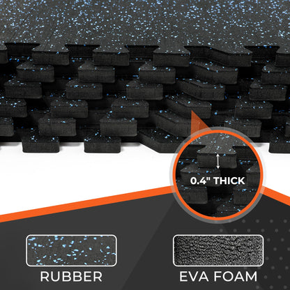 SUPERJARE 0.4'' Thick 12 Pcs 48 Sq Ft Rubber Top Exercise Equipment Mats, High Density EVA Foam Mats with Rubber Top, Interlocking Gym Flooring for Home Gym, Protective Workout Mat, Black/Blue