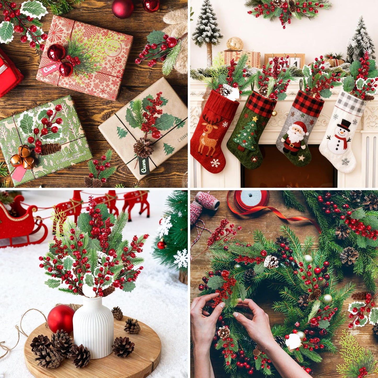 MEMOVAN Christmas Picks and Sprays Artificial Pine Needles Branches Berries Red Stems with Red Berry Pinecone Holly Xmas Floral Picks for Crafts Flower Arrangement Wreath Holiday Xmas Tree Decor-12PCS